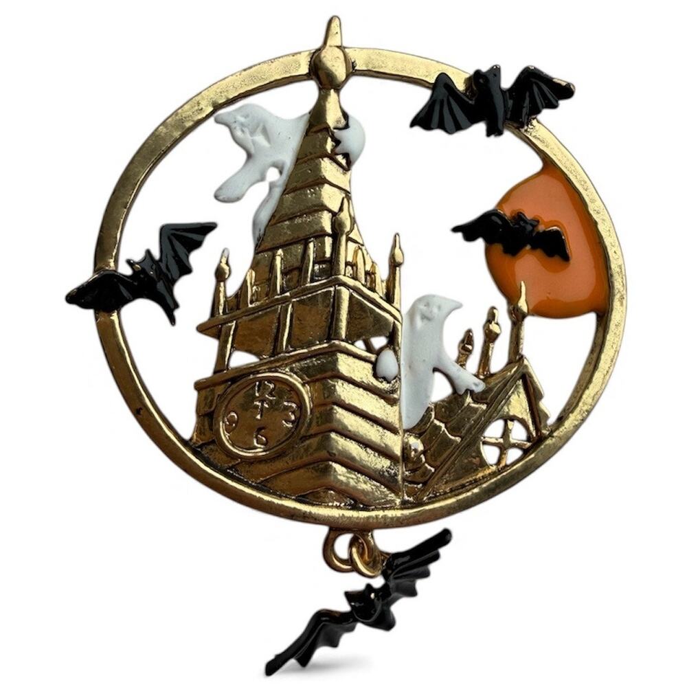 Vintage JJ Jonette Gold Tone Halloween Haunted House Brooch Pin Bats Ghosts